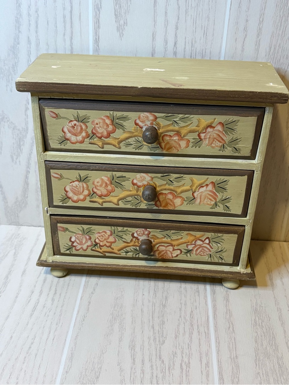 Vintage wooden jewelry box mini dresser floral cottage core